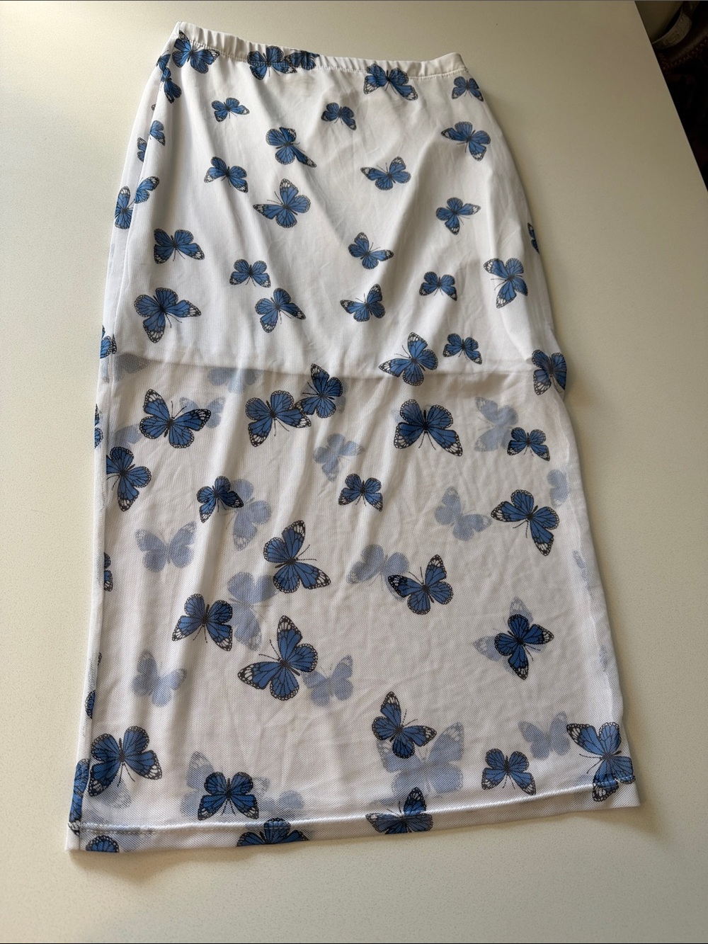 Blue Butterfly Print White Midi Skirt